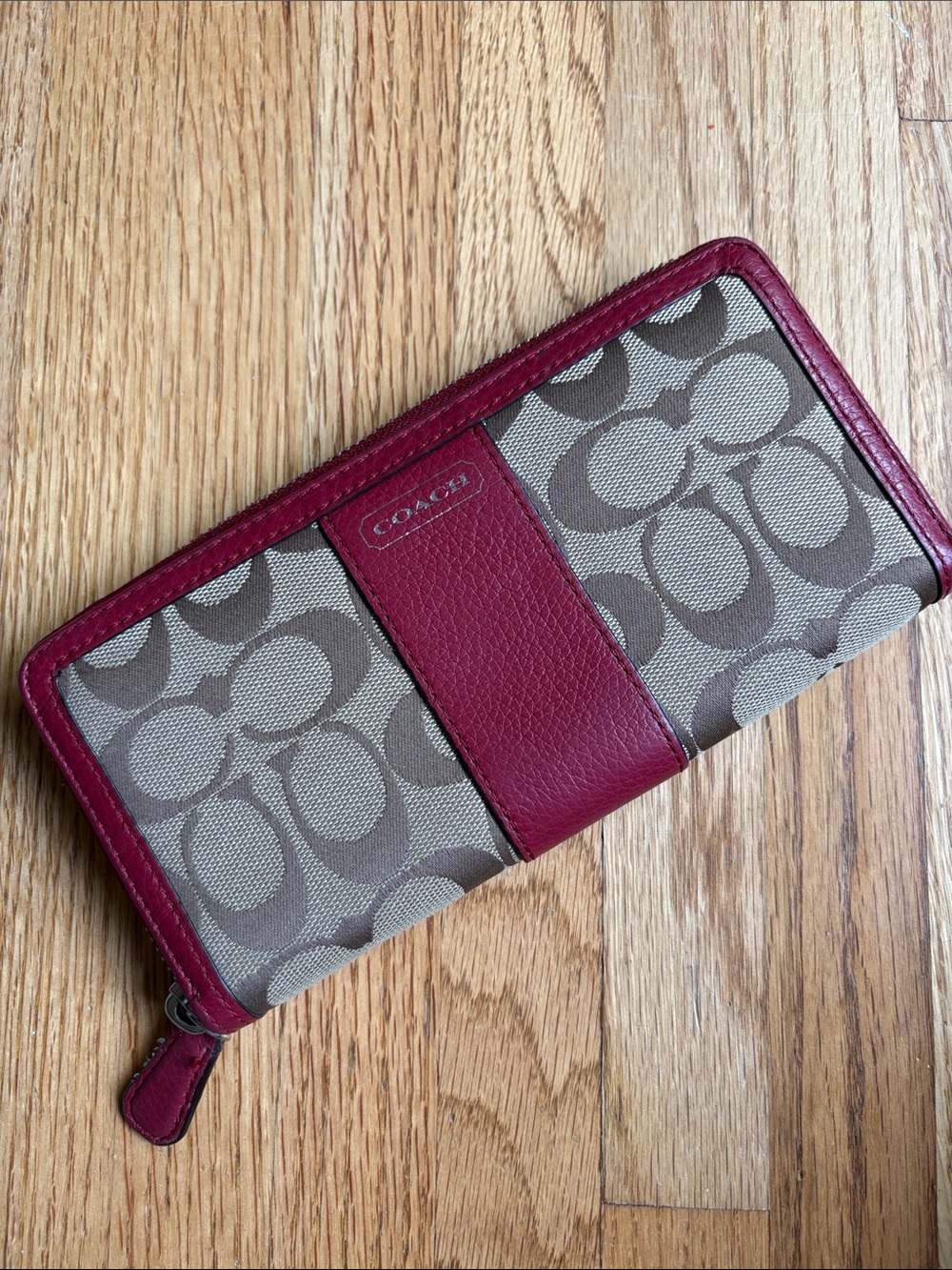 Coach burgundy Canvas Card Holder Wallet with Red Leather Trim